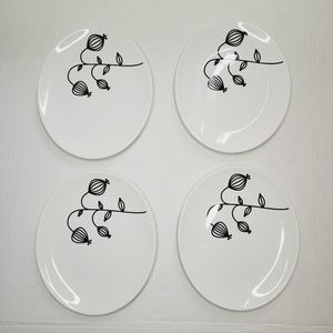 IKEA Set Of 4 Plates 8X7" Oval Modern Black & White Floral Ceramic Dessert